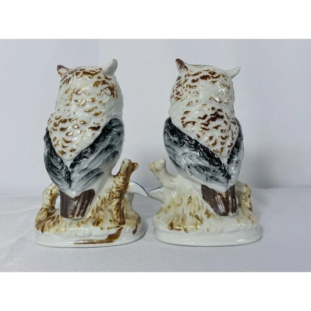 Vtg Ceramic Glazed Owl Pair Snow 6